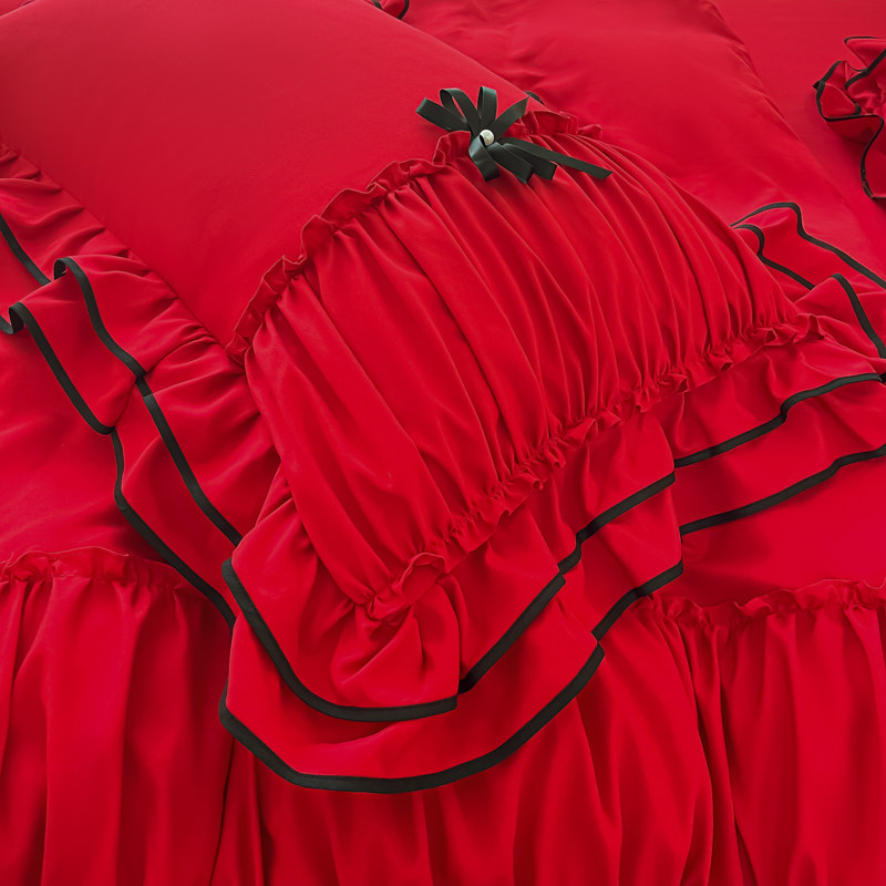 公主风双层褶皱荷叶花边牀单牀裙款四件套蝴蝶结红色婚庆双人被套