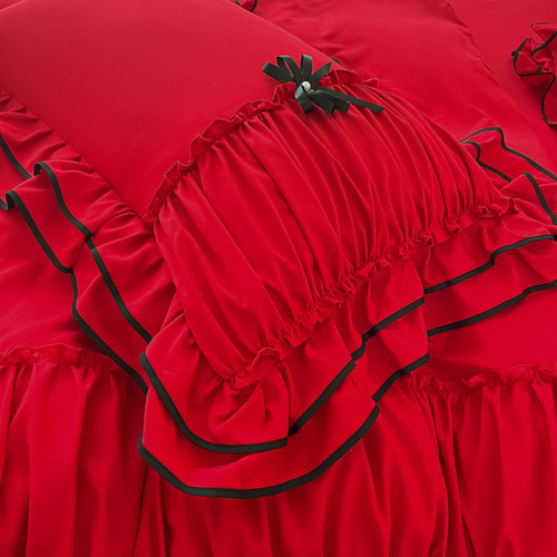 公主风双层褶皱荷叶花边牀单牀裙款四件套蝴蝶结红色婚庆双人被套