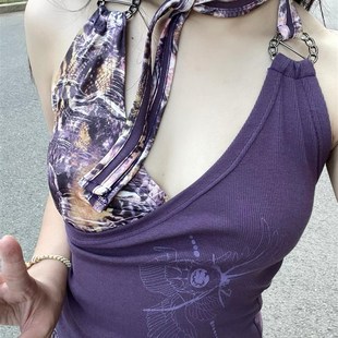 大码 女 胖mm设计感不规则紫色镂空破洞针织衫 上衣拼接挂脖背心套装