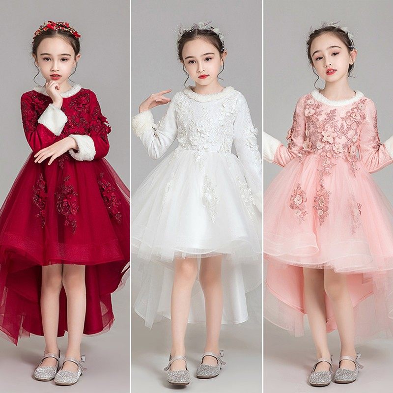 儿童礼服公主裙女童红色长袖加绒花童主持人钢琴演出服演奏秋冬季
