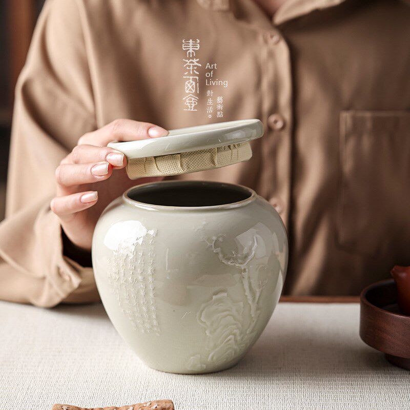 陶瓷茶叶罐中号复古浮雕茶罐防潮茶缸密封罐茶叶包装定制礼盒茶仓