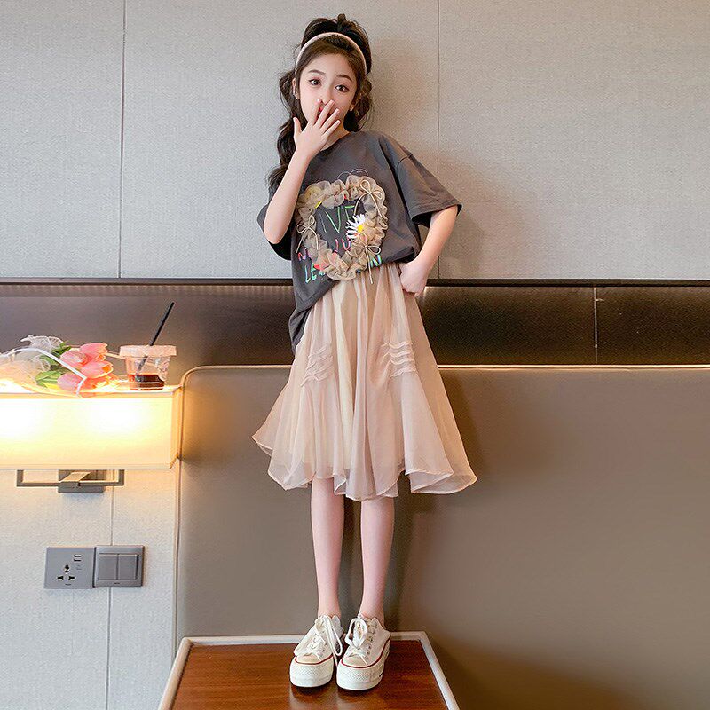 女童连衣裙夏装2024新款中大童洋气纱裙儿童夏季短袖两件套裙夏款