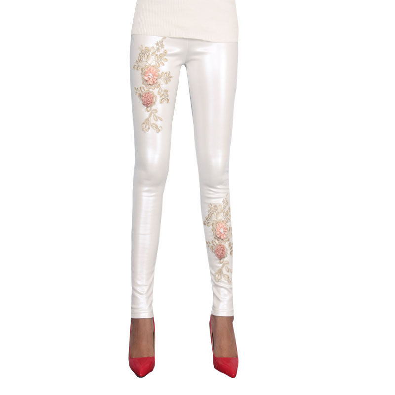 秋冬pu弹力打底裤个性花朵紧身铅笔裤显瘦高腰百搭白色加绒仿皮裤