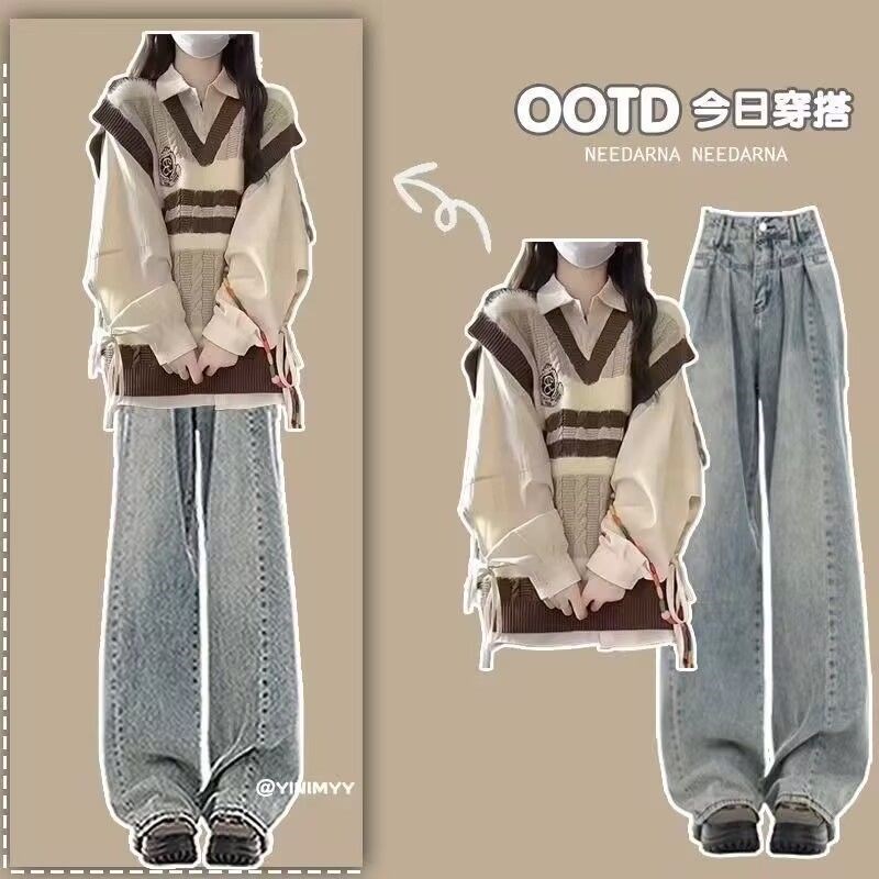 女童秋装2025新款春秋洋气时髦套装衬衫马甲女孩学院风牛仔裤三件