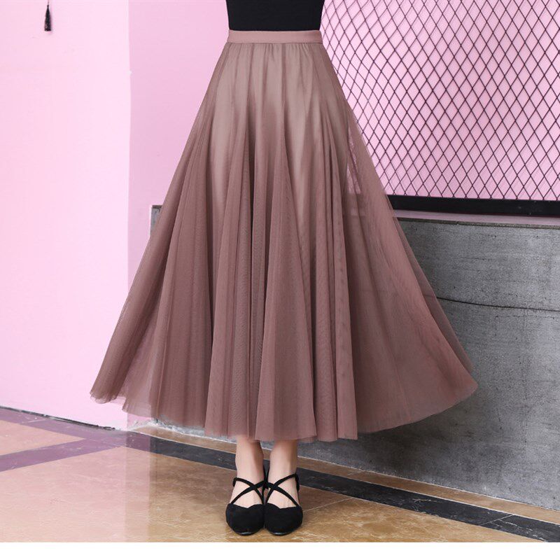 网纱半身裙女秋冬过膝长裙配毛衣高腰a字显瘦中长款网纱裙子百搭