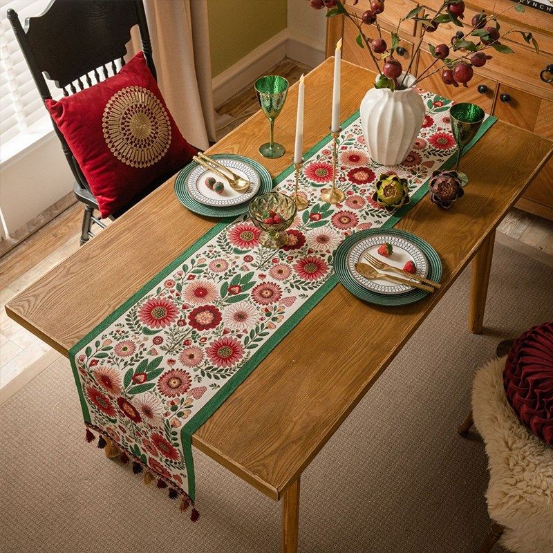 轻复古繁花桌旗茶几布花朵喜庆提花柜旗红色节日活动玄关装饰布艺,居家布艺,桌旗,淘宝优惠券,粉丝福利购,淘宝优惠卷