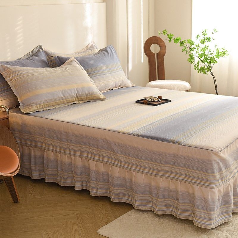 北欧风纯棉床裙单件条纹双人全棉床笠罩带裙边床盖床围裙罩三件套,床上用品,床裙,淘宝优惠券,粉丝福利购,淘宝优惠卷