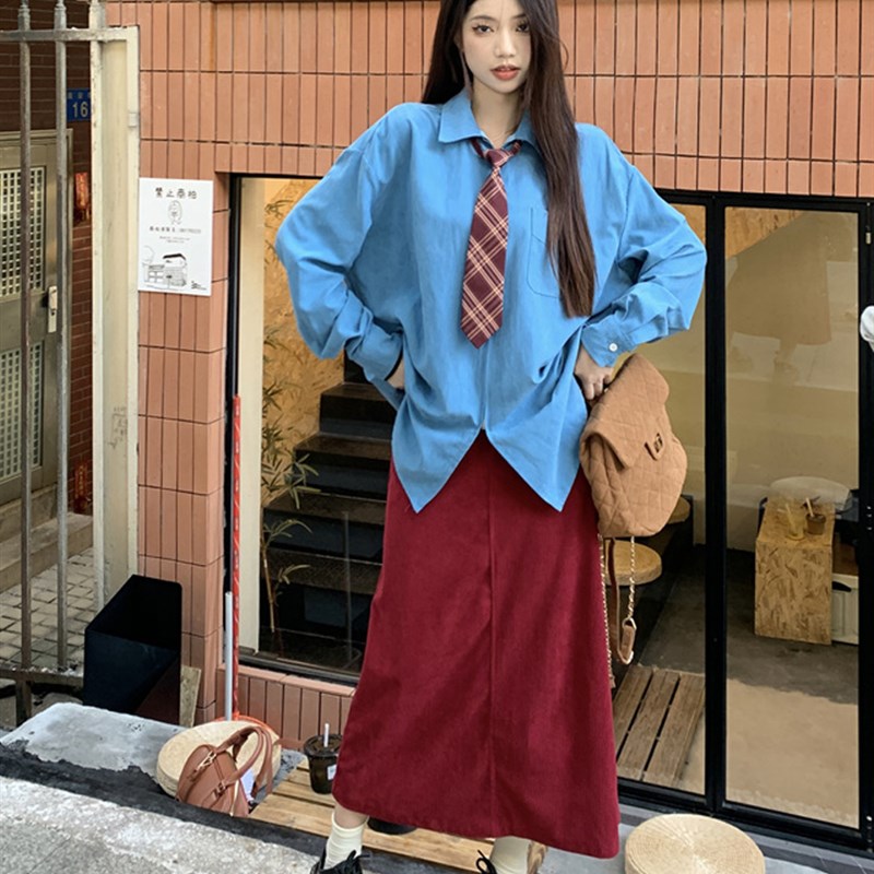 大码女装胖妹妹V领针织马甲宽松显瘦衬衣灯芯绒半身裙a字裙三件套