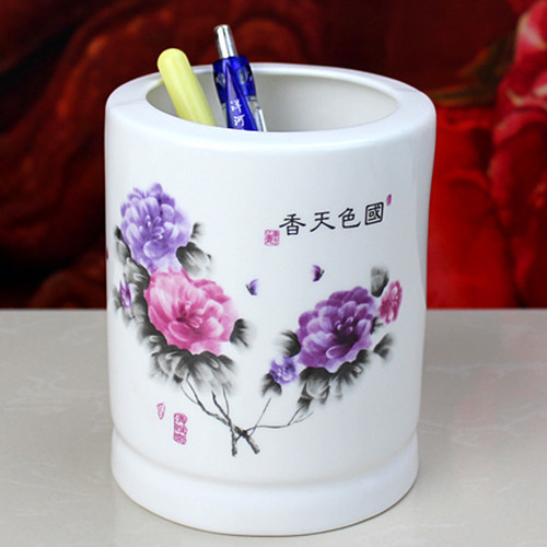 陶瓷笔筒山水画文具圆形毛笔圆珠笔多功能办公笔筒景德镇陶瓷笔筒