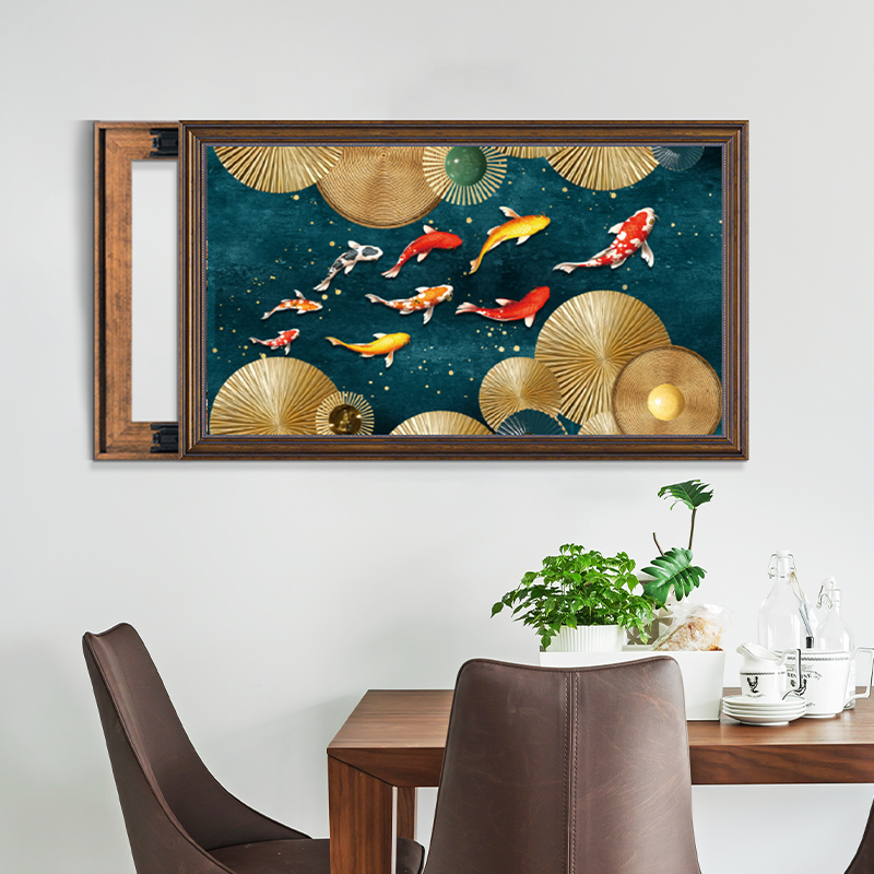 超大尺寸电表箱装饰画欧式免打孔配电箱挂画电箱遮挡箱九鱼图壁画图片