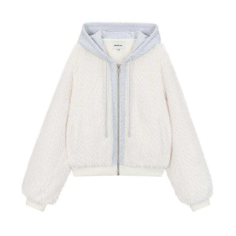 NS76 冬季新款环保皮草冬保暖假两件连帽针织拼接女宽松拉链外套