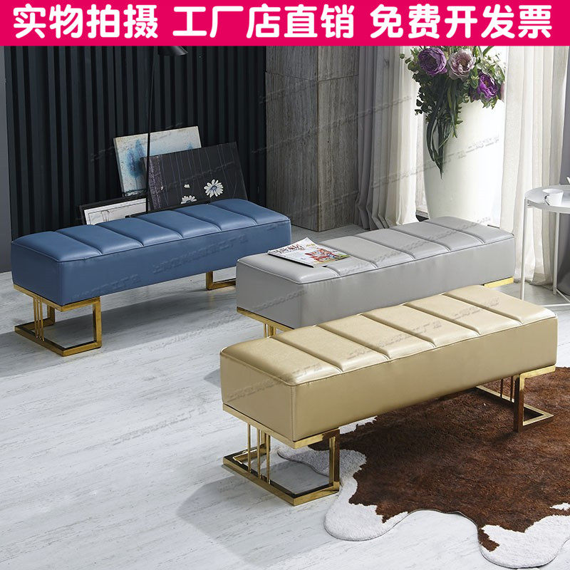 北欧轻奢不锈钢换鞋凳皮艺休闲凳新美式门厅卧室床尾凳客厅沙发凳