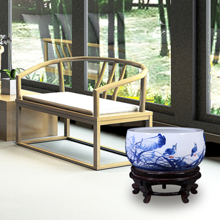 桌面圆形小陶瓷鱼缸带底座景德镇养金鱼乌龟缸荷花盆客厅装饰摆件