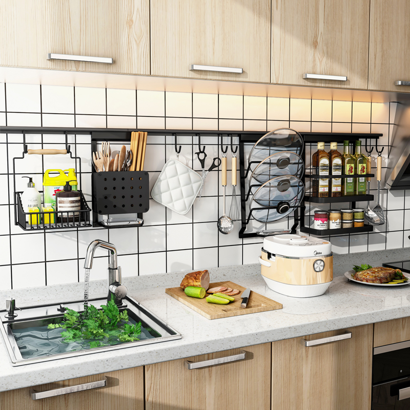 厨房置物架壁挂锅盖架免打孔墙上调料架碗筷刀架多功能挂钩收纳架