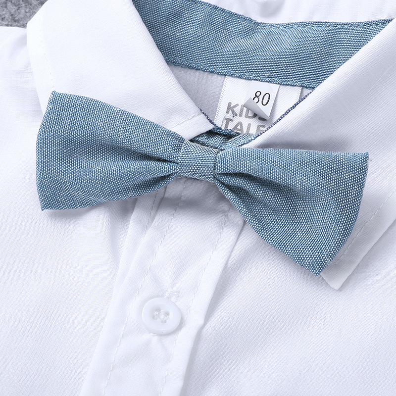 男童夏季短袖白色衬衫哈衣背带裤套装 男童绅士套装婴儿绅士爬服