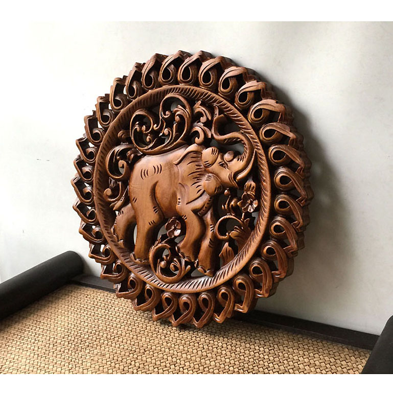 新品特惠40圆形柚木色吉祥象木雕挂件玄关客厅壁饰东南亚装修礼品