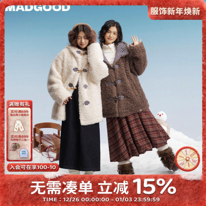 madgood马得工地日系女冬格纹拼接牛角扣卷卷羊羔绒厚款棉服外套,个性定制/设计服务/DIY,棉服工装,淘宝优惠券,粉丝福利购,淘宝优惠卷