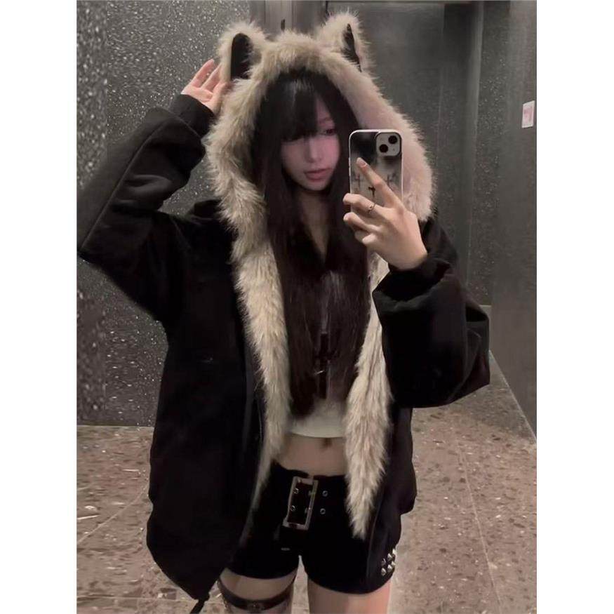 黑色棉服女2025冬季新款座山雕猫耳夹棉毛绒外套加厚保暖情侣棉衣,个性定制/设计服务/DIY,棉服工装,淘宝优惠券,粉丝福利购,淘宝优惠卷