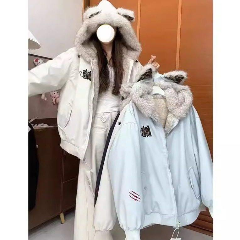 韩系甜美加厚绒恶魔耳朵棉衣棒球女刺绣毛领保暖加毛座山雕外套潮,个性定制/设计服务/DIY,棉服工装,淘宝优惠券,粉丝福利购,淘宝优惠卷