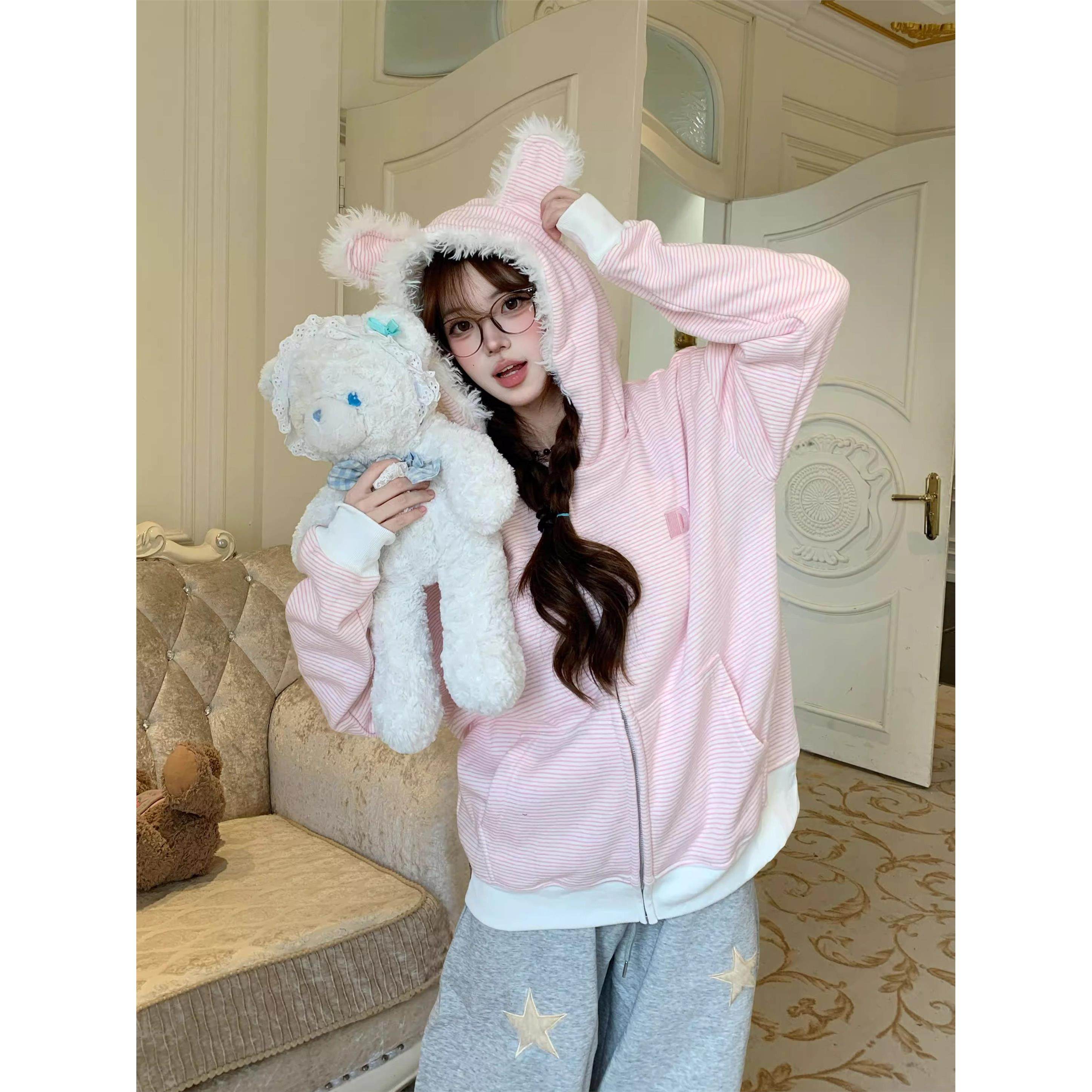 Amoeba甜酷可爱慵懒条纹加绒耳朵连帽卫衣外套女座山雕拉炼开衫,个性定制/设计服务/DIY,棉服工装,淘宝优惠券,粉丝福利购,淘宝优惠卷