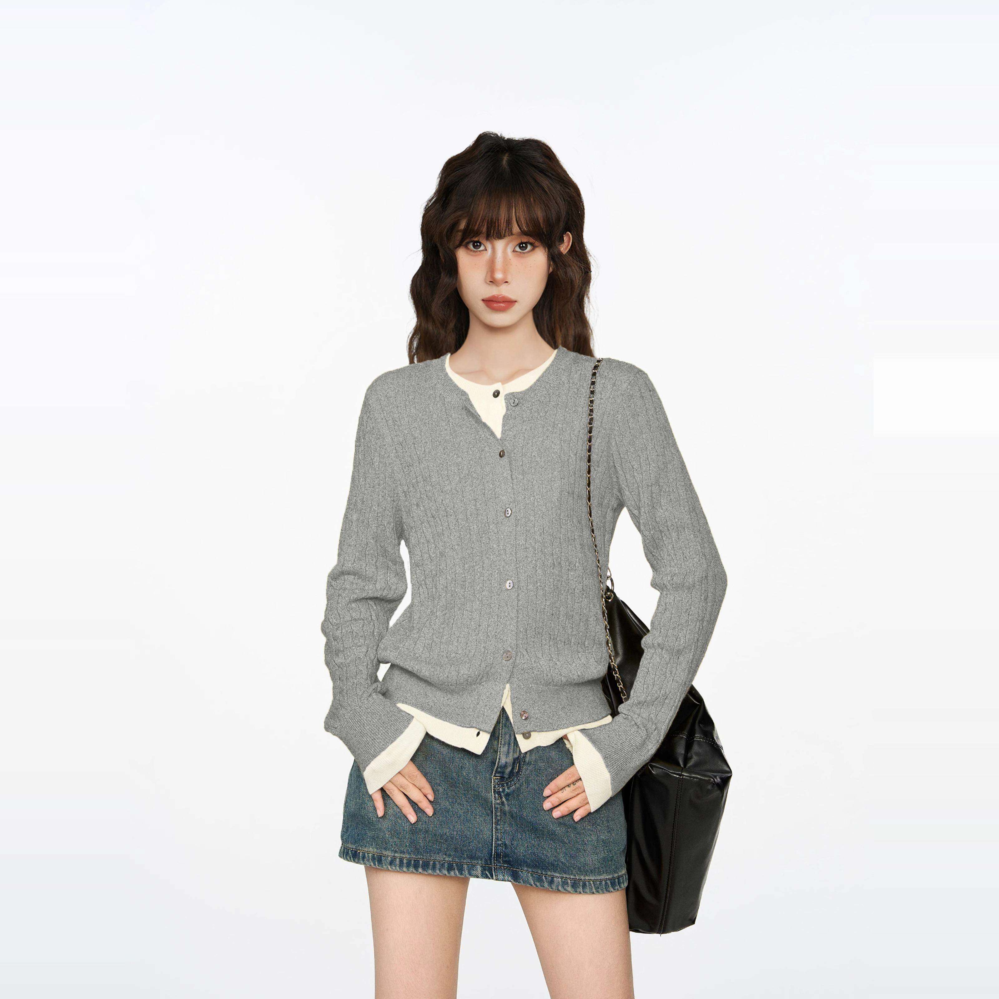 灰色假两件短款针织开衫女秋季秋冬季高级感修身内搭毛衣外套上衣,个性定制/设计服务/DIY,棉服工装,淘宝优惠券,粉丝福利购,淘宝优惠卷