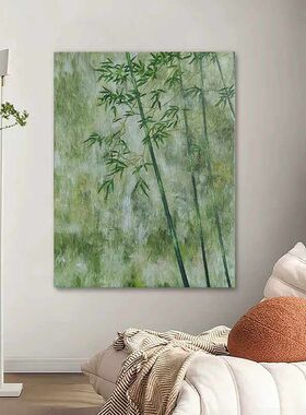 新中式绿色竹林手绘油画竹子寓意好节节高升装饰画客厅玄关肌理画