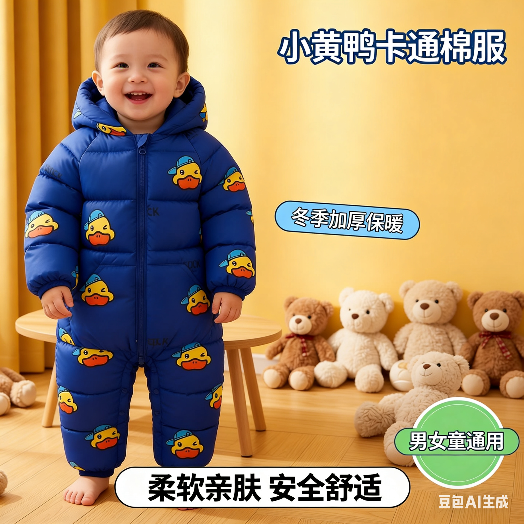 小黄鸭儿童棉服男女童卡通连帽新款棉袄冬季加厚保暖宝宝棉衣外套