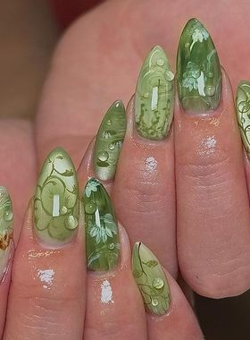 立体猫眼青提气泡花朵晕染ins风可拆卸穿戴甲24片 press on nails