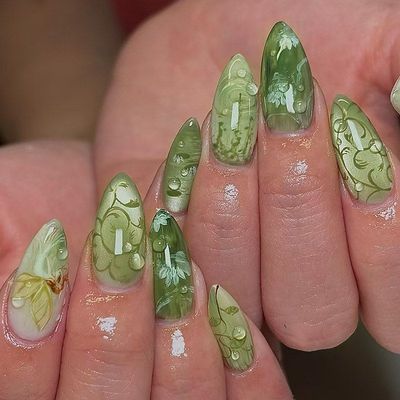 立体猫眼青提气泡花朵晕染ins风可拆卸穿戴甲24片 press on nails