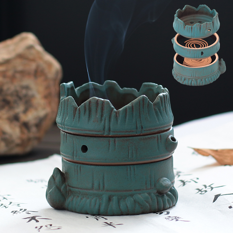 陶瓷窑变竹节香炉复古三层储藏香料环香炉创意造型室内摆件香薰炉