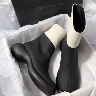 洋气靴子 小众不撞款 森屿海巷真皮厚底拼色时装 气质短筒靴子法式