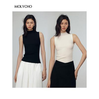 Molycho|高领无袖针织背心妇女夏季小立领与修身底衬衫t恤