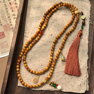 国风新中式原创檀木佛珠流苏斜挎链文艺复古长款流苏项链旗袍配饰