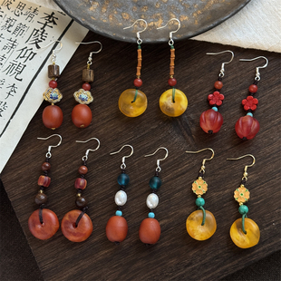 配饰 文艺民族风简约气质旗袍古装 复古国风新中式 蜜蜡吊坠耳环长款