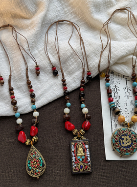 藏式复古民族风唐卡观音吊坠项链