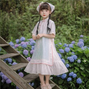 2026女童新款汉服民国风旗袍公主中式夏季连衣裙套装薄款温柔甜美