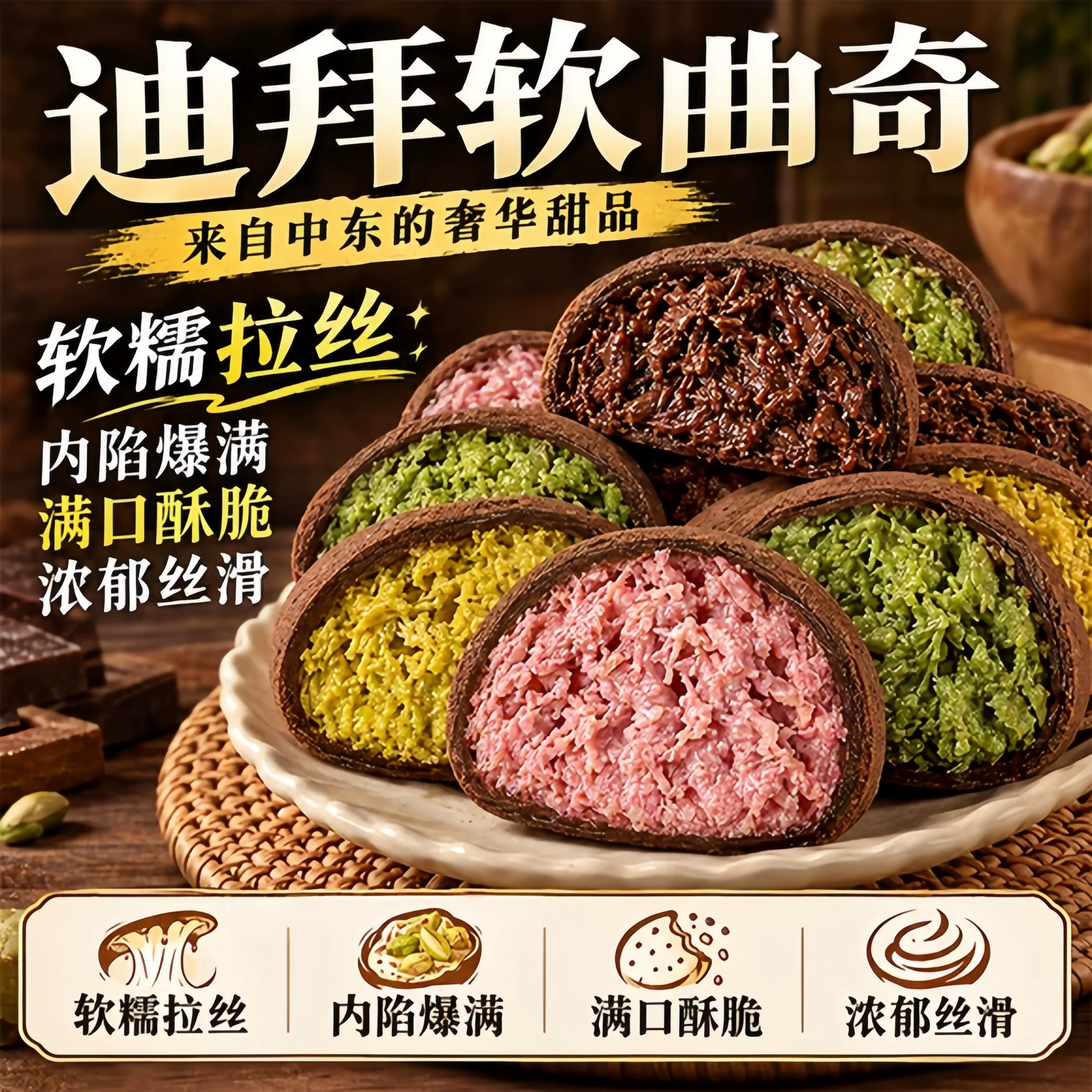 迪拜软曲奇巧克力开心果风味拉丝爆浆软糯下午茶饼干糕点网红零食