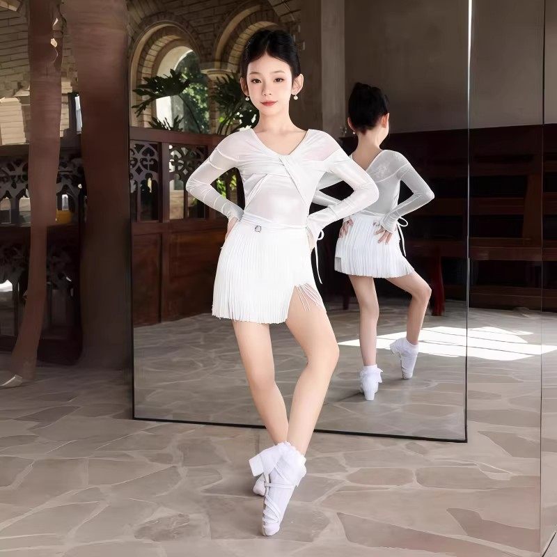2026冬季新款女童拉丁舞服练习服长袖连体上衣流苏半裙表演演出服
