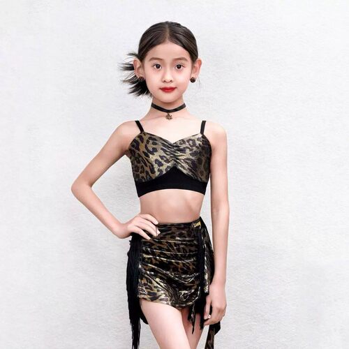 拉丁舞服女童豹纹吊带流苏裙套装