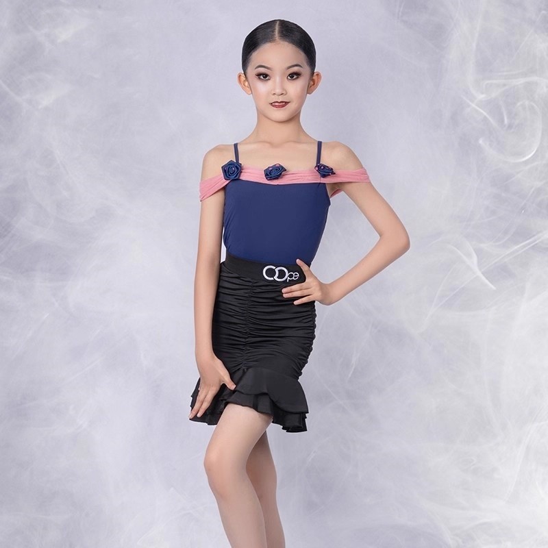 宝蓝撞色小玫瑰少儿拉丁舞练习服