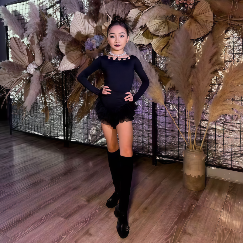 2026冬季新款拉丁舞服女童练习服长袖连体上衣网纱蓬裙表演演出服