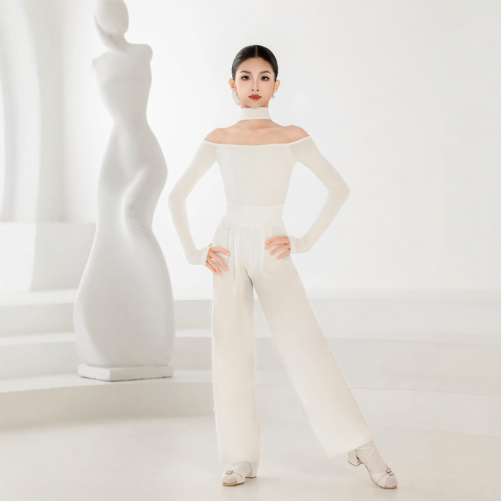 拉丁舞秋冬一字肩国标练功服分体