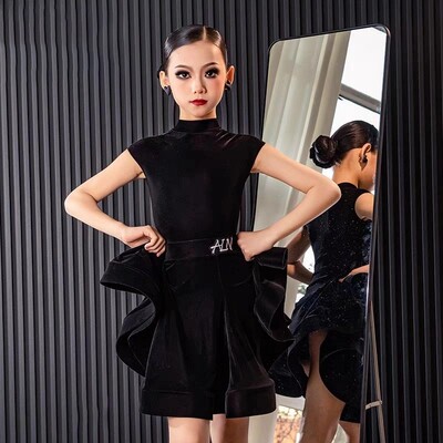 女童拉丁舞规定比赛服丝绒鱼骨裙