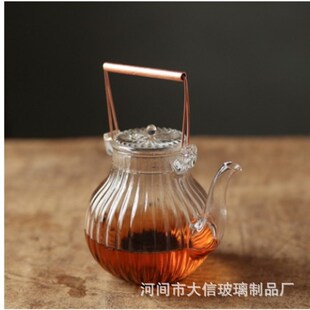 高硼硅鹤首菊瓣壶耐热玻璃花茶壶铜把提梁壶电陶炉煮茶Z器玻璃茶