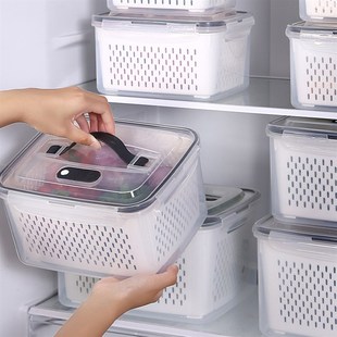 手提沥水保鲜盒多功能双层冰箱水果E收纳盒家用塑料透明密封储物