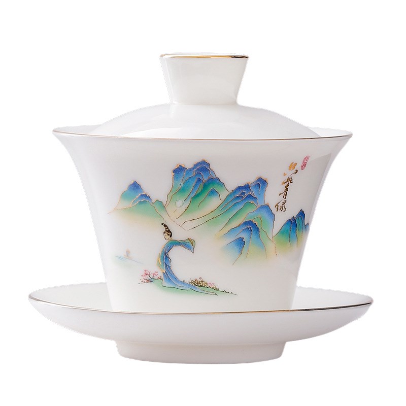 羊脂玉悬停盖碗三才盖碗悬停悬浮茶具防J烫陶瓷泡茶碗手工高档带