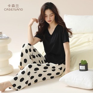 波点L女士纯棉家居服夏款 V领黑色个性 时尚 套装 长裤 睡衣女短袖 夏季