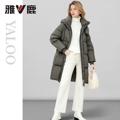 雅鹿冬季中长超保暖连帽女羽绒服