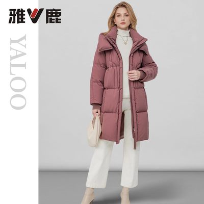 雅鹿冬季中长超保暖连帽女羽绒服