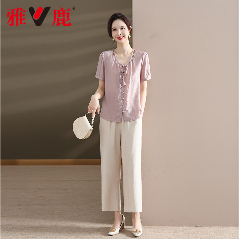 2025夏季新款文艺复古短袖衬衫上衣长裤套装Y7211Z35570